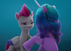 Size: 1500x1080 | Tagged: safe, screencap, izzy moonbow, zipp storm, pegasus, pony, unicorn, g5, hoof done it?, my little pony: make your mark, my little pony: make your mark chapter 2, bracelet, cropped, detective zipp, duo, female, friendship bracelet, headband, jewelry, mare