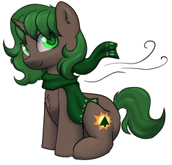 Size: 2302x2200 | Tagged: safe, artist:dumbwoofer, oc, oc:pine shine, pony, unicorn, chest fluff, clothes, ear fluff, female, high res, horn, looking at you, mare, scarf, simple background, sitting, smiling, solo, transparent background, unicorn oc, wind