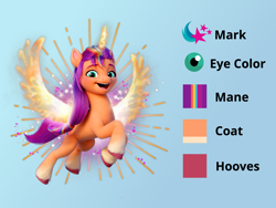 Size: 2000x1500 | Tagged: safe, artist:briarlight, sunny starscout, alicorn, pony, g5, artificial horn, artificial wings, augmented, cutie mark, female, horn, magic, magic horn, magic wings, mane stripe sunny, mare, race swap, reference sheet, solo, sunnycorn, wings