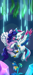 Size: 1792x4005 | Tagged: safe, artist:arky2000, pipp petals, zipp storm, pegasus, pony, g5, my little pony: make your mark, my little pony: make your mark chapter 2, portrait of a princess, spoiler:my little pony: make your mark chapter 2, spoiler:mymc02e03, cave, crystal, duo, duo female, eyes closed, female, flower, high res, hug, mare, ocean lily, open mouth, open smile, phone wallpaper, royal sisters (g5), scene interpretation, sibling love, siblings, sisterly love, sisters, smiling, wallpaper