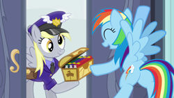 Size: 1920x1080 | Tagged: safe, artist:letseathay, derpy hooves, rainbow dash, pegasus, pony, g4, bag, book, butt, chest, duo, eyes closed, hat, mailbag, mailmare, mailpony, open mouth, open smile, plot, rainbutt dash, saddle bag, smiling