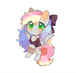 Size: 1844x1795 | Tagged: safe, artist:dreamsugar, oc, oc only, oc:blazey sketch, pegasus, pony, blushing, bow, chibi, clothes, commission, green eyes, grey fur, hair bow, multicolored hair, shading, simple background, small wings, solo, sweater, white background, wings