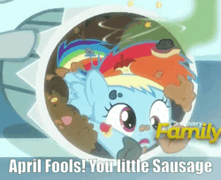 Size: 573x468 | Tagged: safe, edit, edited screencap, screencap, rainbow dash, pegasus, pony, g4, newbie dash, abuse, animated, apple core, april fools, cropped, dashabuse, female, filly, filly rainbow dash, fools in april, rainbow trash, reference, smelly, solo, spongebob reference, spongebob squarepants, trash can, younger