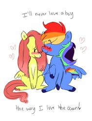 Size: 720x954 | Tagged: safe, artist:nanaowo123, fluttershy, rainbow dash, pegasus, pony, g4, blushing, colored sketch, duo, eyes closed, female, forehead kiss, kissing, lesbian, maya hawke, ship:flutterdash, shipping, simple background, sitting, sketch, song reference, white background