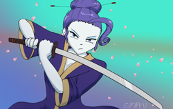 Size: 1200x760 | Tagged: safe, artist:empyu, rarity, human, equestria girls, g4, 30 minute art challenge, alternate hairstyle, anime, clothes, female, gradient background, katana, looking at you, samurai, simple background, solo, sword, weapon