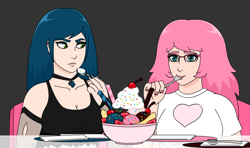 Size: 660x391 | Tagged: safe, artist:mixermike622, queen chrysalis, oc, oc:chrystina, oc:fluffle puff, human, g4, bowl, breasts, canon x oc, cherry, cleavage, duo, eating, female, floof'n'friends, food, freckles, glasses, humanized, humanized oc, ice cream, lesbian, ship:chrysipuff, shipping, spoon, sundae, whipped cream