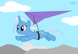 Size: 4478x3118 | Tagged: safe, artist:ironm17, trixie, pony, unicorn, g4, female, hang glider, hang gliding, high res, mare, smiling, solo