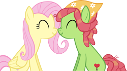 Size: 6707x3760 | Tagged: safe, artist:ironm17, fluttershy, tree hugger, earth pony, pegasus, pony, g4, absurd resolution, duo, eyes closed, female, lesbian, male, mare, nose wrinkle, nuzzling, ship:flutterhugger, shipping, simple background, smiling, straight, transparent background