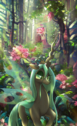 Size: 1996x3264 | Tagged: safe, ai assisted, ai content, artist:neoshrek, queen chrysalis, changeling, changeling queen, g4, crepuscular rays, female, forest, scenery, solo