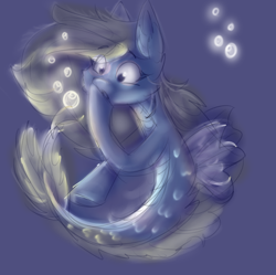 Size: 510x508 | Tagged: safe, artist:candyeater9115, oc, oc only, earth pony, hybrid, merpony, pony, seapony (g4), blue background, bubble, digital art, dorsal fin, female, fish tail, flowing mane, flowing tail, glowing, mare, ocean, seaponified, simple background, solo, species swap, swimming, tail, underwater, water, yellow mane