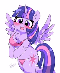 Size: 2551x3113 | Tagged: safe, artist:leo19969525, twilight sparkle, alicorn, anthro, unguligrade anthro, g4, arm hooves, big breasts, bikini, blushing, breasts, busty twilight sparkle, clothes, cute, female, high res, horn, mane, open mouth, open smile, simple background, smiling, solo, spread wings, swimsuit, tail, twiabetes, twilight sparkle (alicorn), white background, wings