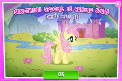 Size: 1957x1298 | Tagged: safe, gameloft, fluttershy, pegasus, pony, g4, my little pony: magic princess, bow, coming soon, english, event, female, mare, mobile game, ribbon, river, solo, spread wings, stream, tail, tail bow, text, water, wings