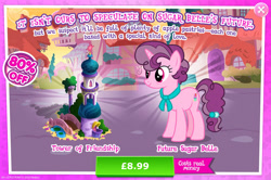 Size: 1958x1301 | Tagged: safe, gameloft, sugar belle, pony, unicorn, g4, my little pony: magic princess, advertisement, bridge, bush, costs real money, english, female, horn, introduction card, mare, numbers, older, older sugar belle, sale, solo, text, tower, window