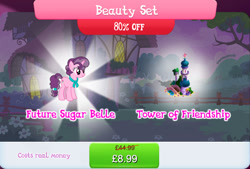 Size: 1268x858 | Tagged: safe, gameloft, sugar belle, pony, unicorn, g4, my little pony: magic princess, bridge, bundle, bush, costs real money, english, female, fence, horn, mare, numbers, older, older sugar belle, sale, solo, text, tower