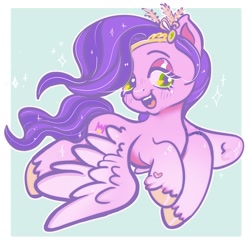 Size: 1668x1668 | Tagged: safe, artist:erieillustrates, pipp petals, pegasus, pony, g5, adorapipp, cute, female, flying, happy, heart, heart mark, jewelry, mare, open mouth, open smile, passepartout, smiling, solo, tail, tiara, unshorn fetlocks