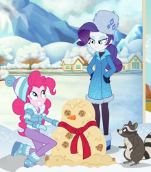 Size: 1920x2182 | Tagged: safe, composite screencap, edit, edited screencap, screencap, pinkie pie, rarity, smoky, human, raccoon, blizzard or bust, equestria girls, equestria girls series, g4, holidays unwrapped, spoiler:eqg series (season 2), boots, carrot, clothes, cookie, food, hat, jacket, jewelry, mashed potato snowman, mashed potatoes, mittens, outdoors, painting, potato, rarity's winter hat, scarf, shoes, smiling, snowman, sweater, toque, turtleneck, ushanka, winter coat, winter hat, winter outfit
