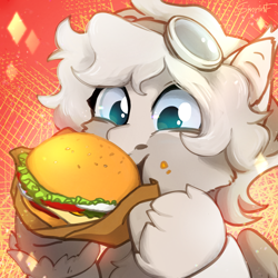 Size: 2480x2480 | Tagged: safe, artist:sinrinf, pegasus, pony, abstract background, blue eyes, burger, cheese, chest fluff, commission, crumbs, eating, food, goggles, goggles on head, gray mane, high res, lettuce, solo, tomato, ych result