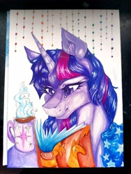 Size: 3000x4000 | Tagged: safe, artist:dankpegasista, twilight sparkle, pony, unicorn, g4, blanket, book, coffee, coffee mug, comfort, comfy, cozy, cup, decoration, detailed, highlights, mug, page, painting, photo, rainbow, reading, shading, solo, steam, traditional art