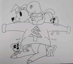 Size: 1660x1464 | Tagged: safe, artist:spoopygirl, pom (tfh), dog, lamb, sheep, them's fightin' herds, christmas, clothes, cloven hooves, community related, female, holiday, puppy, sweater, woof
