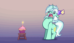 Size: 1433x825 | Tagged: safe, artist:witchtaunter, lyra heartstrings, pony, unicorn, g4, animated, birthday, blowing, candle, chest fluff, cupcake, ear fluff, faic, female, food, gasping, gradient background, hat, l.u.l.s., loop, mare, party hat, perfect loop, solo, stool, trick candle