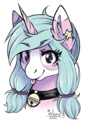 Size: 1199x1594 | Tagged: safe, artist:inlaru, oc, oc only, oc:carttonik, pony, unicorn, bell, bell collar, bust, collar, digital art, happy, horn, portrait, simple background, solo, stars, tongue out, unicorn oc, white background