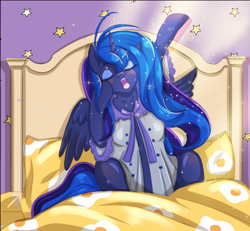 Size: 1074x994 | Tagged: safe, artist:mdwines, princess luna, alicorn, pony, bed, bedroom, clothes, cute, ethereal mane, eyes closed, female, lunabetes, mare, nightgown, solo, starry mane, stretching, yawn