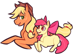 Size: 1100x806 | Tagged: safe, artist:lutnik, apple bloom, applejack, earth pony, pony, g4, apple sisters, duo, female, filly, foal, lying down, mare, siblings, simple background, sisters, transparent background