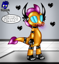Size: 3840x4154 | Tagged: safe, artist:damlanil, smolder, dragon, series:becoming drone, g4, bdsm, bondage, boots, bound wings, close-up, clothes, collar, comic, cute, damlanil's lab, dragon wings, dragoness, encasement, female, gas mask, horns, laboratory, latex, latex boots, link in description, living latex, mask, mind control, restrained, rubber, rubber drone, rubber suit, shiny, shoes, show accurate, smolderbetes, solo, speech bubble, standing, text, transformation, vector, wings