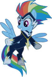 Size: 667x991 | Tagged: safe, artist:pascalmulokozi2, edit, edited screencap, screencap, rainbow dash, zapp, pegasus, pony, g4, power ponies (episode), background removed, female, flying, mare, not a vector, power ponies, simple background, solo, transparent background