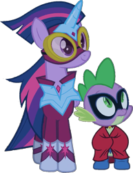 Size: 723x937 | Tagged: safe, edit, edited screencap, editor:pascalmulokozi2, screencap, spike, twilight sparkle, alicorn, dragon, pony, g4, power ponies (episode), background removed, brother and sister, duo, female, humdrum costume, male, mare, masked matter-horn costume, not a vector, power ponies, siblings, simple background, transparent background, twilight sparkle (alicorn)