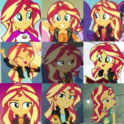 Size: 720x720 | Tagged: safe, artist:megalobronia, edit, screencap, sunset shimmer, human, cheer you on, do it for the ponygram!, eqg summertime shorts, equestria girls, equestria girls series, festival filters, friendship games, g4, get the show on the road, legend of everfree, mirror magic, sunset's backstage pass!, spoiler:eqg series (season 2), spoiler:eqg specials, collage, cup, cute, music festival outfit, shimmerbetes, smugset shimmer