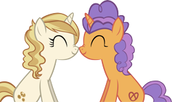 Size: 6228x3687 | Tagged: safe, artist:ironm17, pretzel twist, sweet biscuit, pony, unicorn, g4, absurd resolution, duo, eyes closed, female, lesbian, mare, nuzzling, pretzelbiscut, shipping, simple background, smiling, transparent background