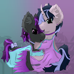 Size: 3000x3000 | Tagged: safe, artist:spiroudada, oc, oc only, pegasus, pony, unicorn, bow, clothes, collar, crossdressing, cute, dress, duo, high res, hug, male, sexy, simple background, stallion