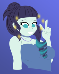 Size: 4189x5263 | Tagged: safe, artist:egor418, coloratura, human, equestria girls, g4, absurd resolution, blue background, breasts, bust, busty coloratura, choker, clothes, eyebrows, female, gradient background, grin, lineless, looking at you, no pupils, peace sign, simple background, smiling, smiling at you, solo