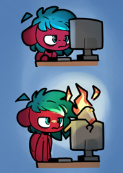 Size: 2500x3500 | Tagged: safe, artist:ronin20181, oc, oc only, pegasus, pony, 2 panel comic, axe, comic, fire, high res, monitor, pegasus oc, reaction image, solo, weapon