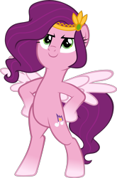 Size: 3456x5229 | Tagged: safe, artist:ironm17, pipp petals, pegasus, pony, g4, g5, absurd resolution, backwards cutie mark, bipedal, crown, female, g5 to g4, generation leap, hoof on hip, jewelry, mare, regalia, show accurate, simple background, smiling, solo, spread wings, transparent background, vector, wings