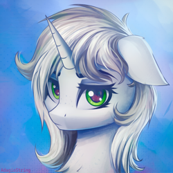 Size: 2000x2000 | Tagged: safe, artist:adagiostring, oc, oc only, oc:white noise, pony, unicorn, blue background, bust, commission, cute, female, green eyes, headshot commission, high res, horn, looking at you, mare, portrait, solo, watching