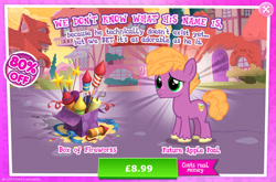 Size: 1961x1297 | Tagged: safe, gameloft, little mac, earth pony, pony, g4, my little pony: magic princess, advertisement, colt, costs real money, english, female, fireworks, foal, introduction card, male, sale, solo, stallion, text, unshorn fetlocks, window