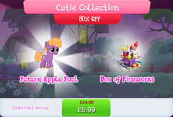 Size: 1265x861 | Tagged: safe, gameloft, little mac, earth pony, pony, g4, my little pony: magic princess, bundle, colt, costs real money, cutie collection, english, female, fence, fireworks, foal, male, sale, solo, stallion, text, unshorn fetlocks
