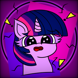 Size: 3000x3000 | Tagged: safe, artist:msbluejune, twilight sparkle, pony, unicorn, g4, abstract background, colored, colored background, dark, dark background, exclamation point, high res, scared, solo, unicorn twilight