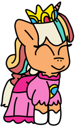 Size: 570x970 | Tagged: safe, artist:jadeharmony, peach fizz, pony, unicorn, g5, clothes, cosplay, costume, crossover, crown, dress, female, filly, foal, hoof gloves, jewelry, name pun, namesake, pippsqueaks, princess peach, pun, regalia, simple background, solo, super mario bros., transparent background, visual pun