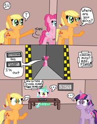 Size: 2550x3271 | Tagged: safe, artist:alyssafire, artist:nightshadowmlp, applejack, lyra heartstrings, pinkie pie, twilight sparkle, alicorn, earth pony, pony, unicorn, comic:five am at pinkie's: the prequel, g4, ..., buy some apples, censored, clock, comic, digital clock, female, hatless, high res, mare, missing accessory, shocked, signs, spread wings, twilight sparkle (alicorn), wearing a mask, wings