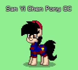 Size: 368x328 | Tagged: safe, artist:josephlu2021, oc, oc only, oc:sam yi chen, earth pony, pony, pony town, black hair, clothes, earth pony oc, football, green background, hat, pony oc, red hat, simple background, solo, sports, sports outfit, uniform