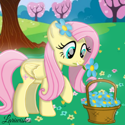 Size: 1000x1000 | Tagged: safe, artist:mlplary6, fluttershy, pegasus, pony, g4, basket, cute, female, flower, flower in hair, mare, shyabetes, tree