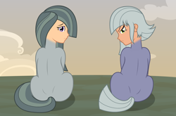 Size: 3236x2134 | Tagged: safe, artist:badumsquish, derpibooru exclusive, limestone pie, marble pie, earth pony, monster pony, original species, pony, human head pony, g4, butt, cursed image, duo, female, frown, glare, high res, looking at you, looking back, looking back at you, my horse prince, plot, show accurate, sitting, sky, smiling, species swap, tardy the man pony, unamused, varying degrees of want, wat