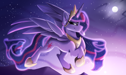 Size: 2500x1500 | Tagged: safe, artist:starcasteclipse, twilight sparkle, alicorn, pony, g4, concave belly, crown, ethereal mane, female, flying, hoof shoes, jewelry, mare, moon, peytral, regalia, slender, smiling, solo, starry mane, starry tail, tail, thin, twilight sparkle (alicorn), wings