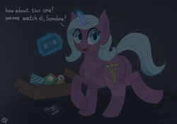 Size: 2025x1427 | Tagged: safe, artist:nyrikiri, derpibooru exclusive, idw, radiant hope, crystal pony, pony, unicorn, the crystal empire 10th anniversary, g4, box, butt, compact cassette, female, implied king sombra, mare, night, plot, solo, vhs