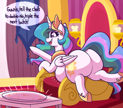 Size: 3288x2886 | Tagged: safe, artist:graphenescloset, princess celestia, alicorn, pony, series:tons of sun, g4, belly, big belly, butt, chubbylestia, crown, dialogue, emanata, fat, female, high res, incentive drive, jewelry, large butt, lying down, mare, open mouth, open smile, plot, prone, regalia, smiling, solo, speech bubble, sunbutt, tail, tail aside, the ass was fat, throne, weight gain, weight gain sequence