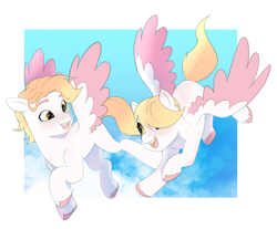 Size: 2282x1890 | Tagged: safe, artist:aztrial, pegasus, pony, g5, make your mark, my little pony: make your mark, background pony, cloud, duo, duo female, female, filly, flying, foal, hair over one eye, happy, looking at each other, looking at someone, open mouth, open smile, siblings, smiling, twins, twirl, unnamed character, unnamed pony, whirl