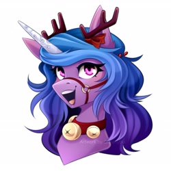 Size: 2953x2953 | Tagged: safe, artist:buvanybu, izzy moonbow, pony, unicorn, g5, antlers, bell, bell collar, bust, collar, halter, high res, open mouth, open smile, portrait, reindeer antlers, simple background, smiling, solo, tack, white background